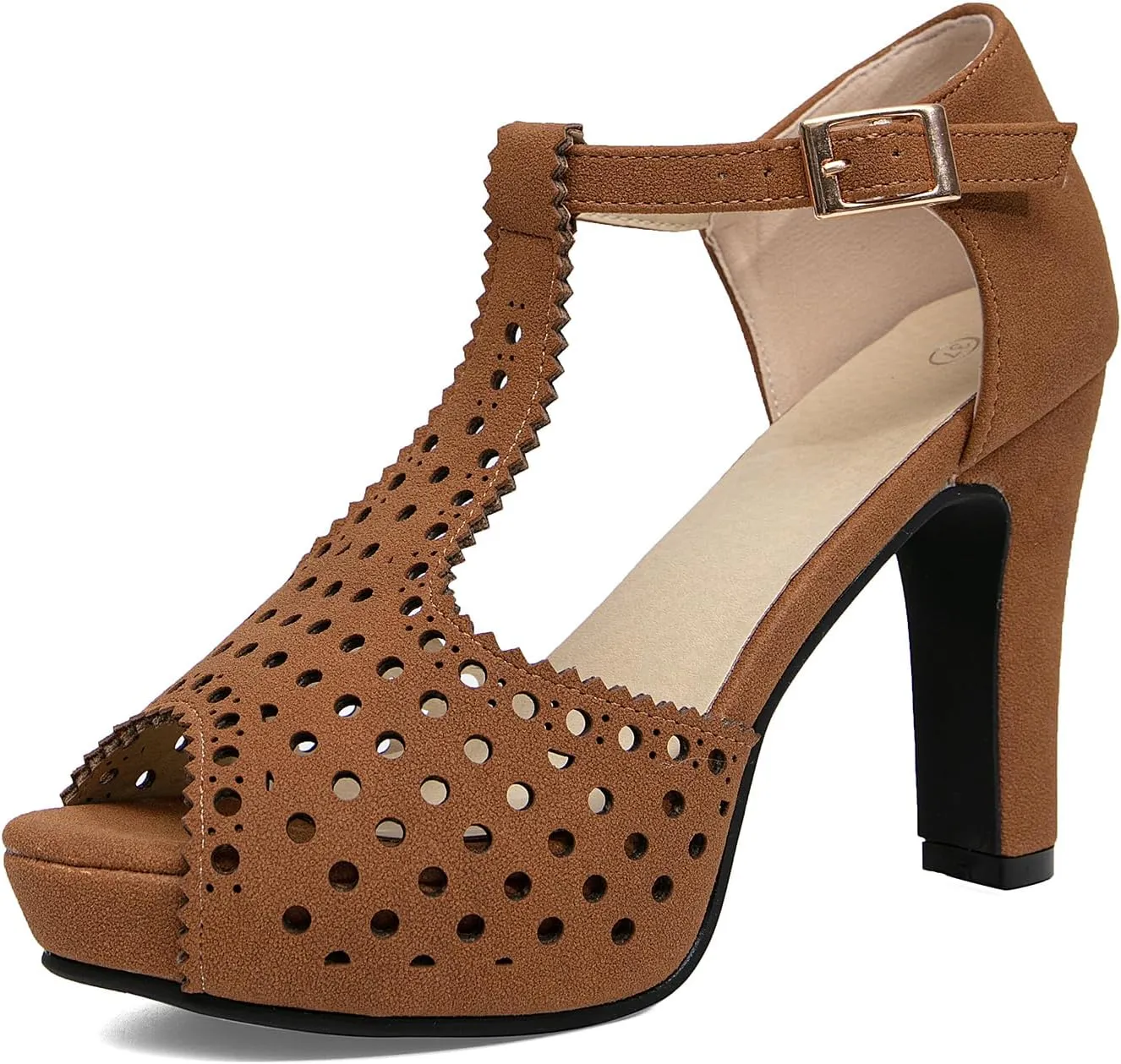 getmorebeauty Women's Vintage Heeled Sandals Suede Ankle T Straps Dress Block High Heel Sandals Women Shoes