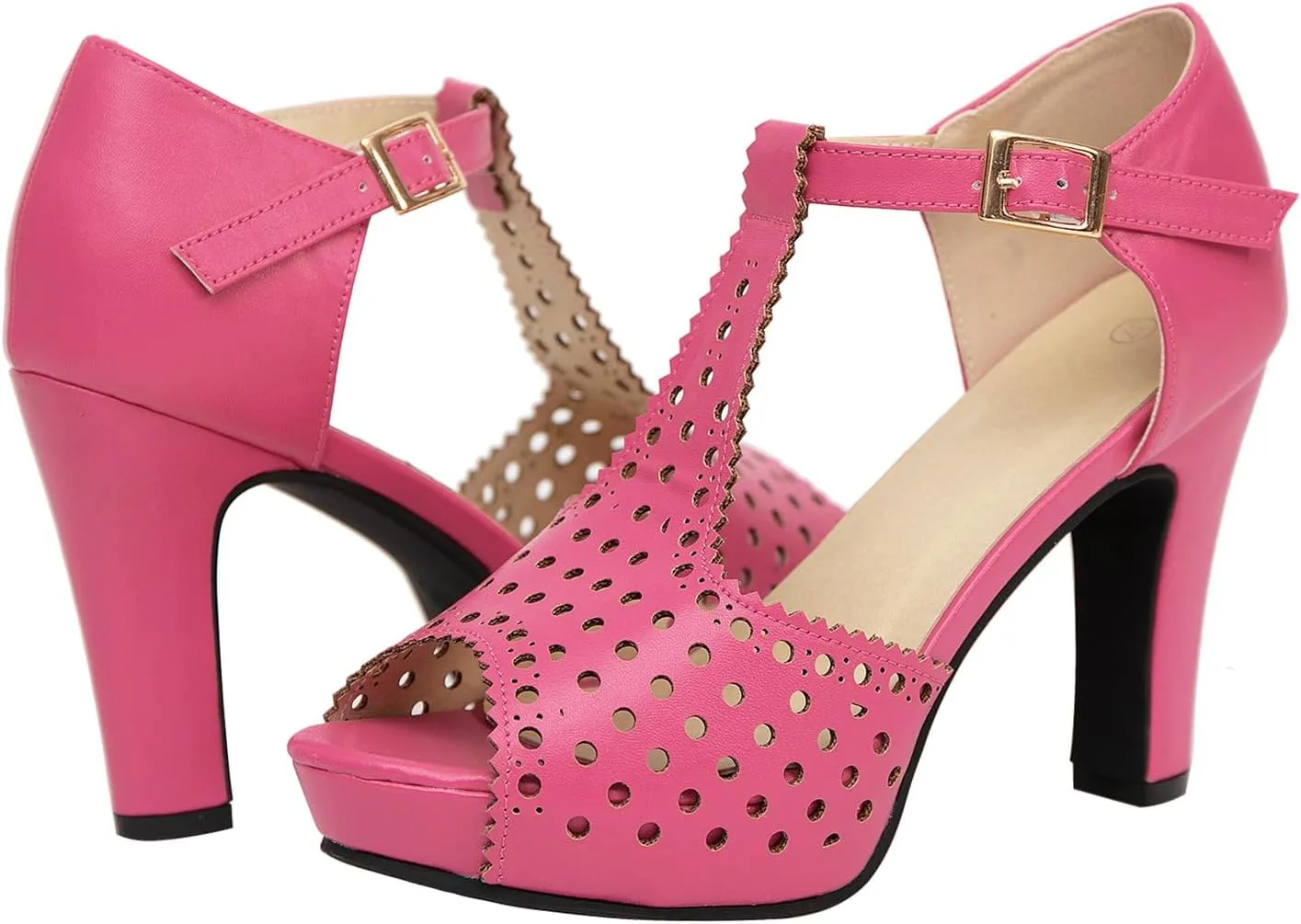 getmorebeauty Women's Vintage Heeled Sandals Suede Ankle T Straps Dress Block High Heel Sandals Women Shoes