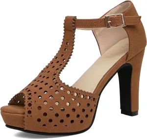 getmorebeauty Women's Vintage Heeled Sandals Suede Ankle T Straps Dress Block High Heel Sandals Women Shoes