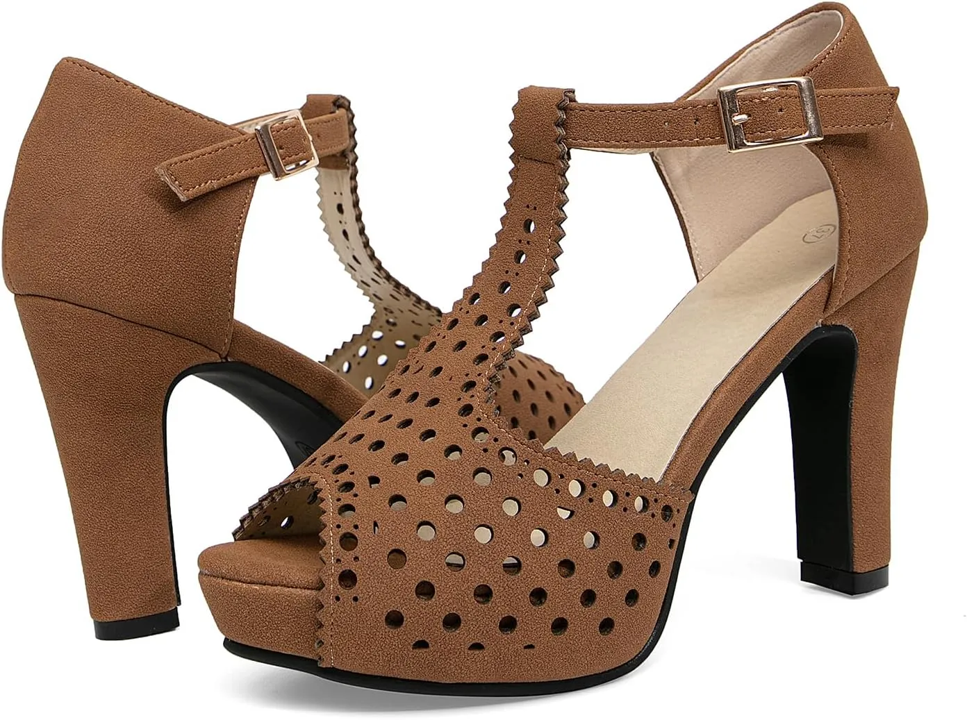 getmorebeauty Women's Vintage Heeled Sandals Suede Ankle T Straps Dress Block High Heel Sandals Women Shoes