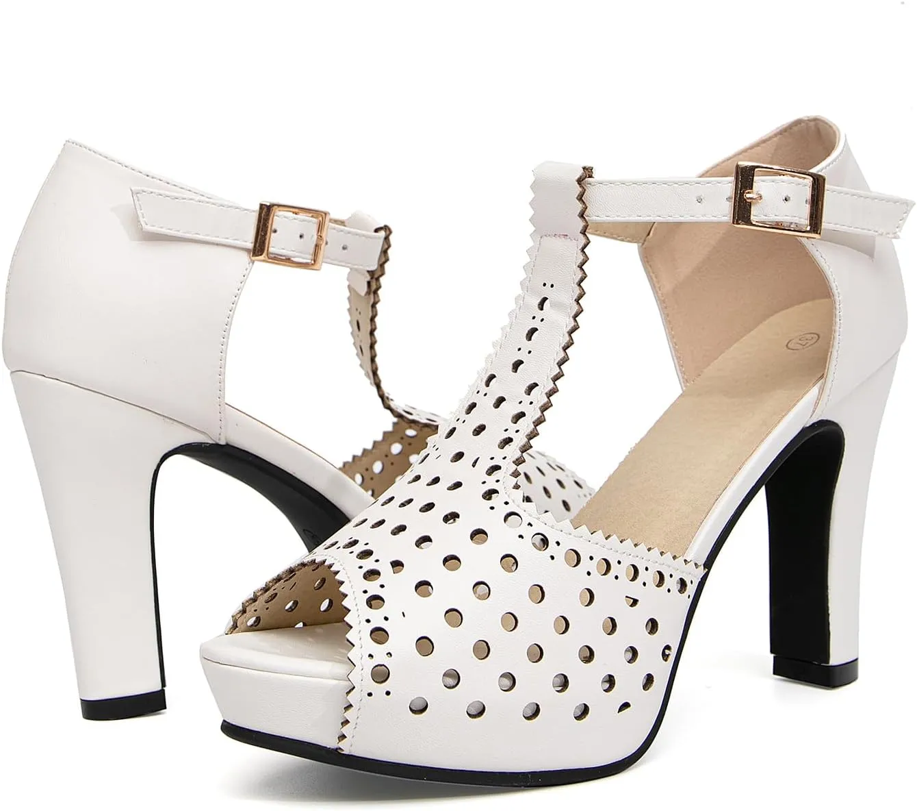 getmorebeauty Women's Vintage Heeled Sandals Suede Ankle T Straps Dress Block High Heel Sandals Women Shoes