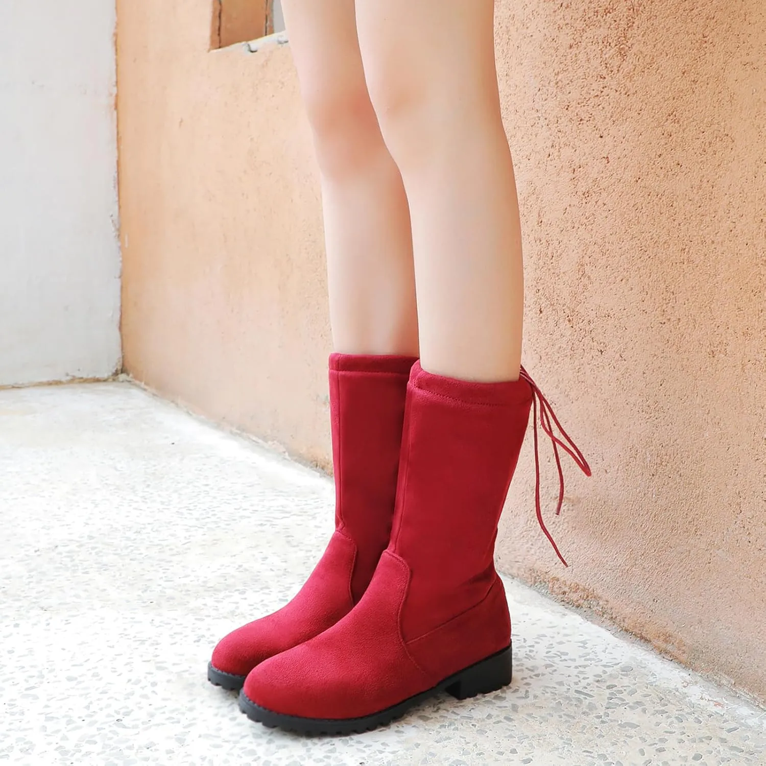 Gicoiz Women Round Toe Mid Calf Combat Boots Lace Up