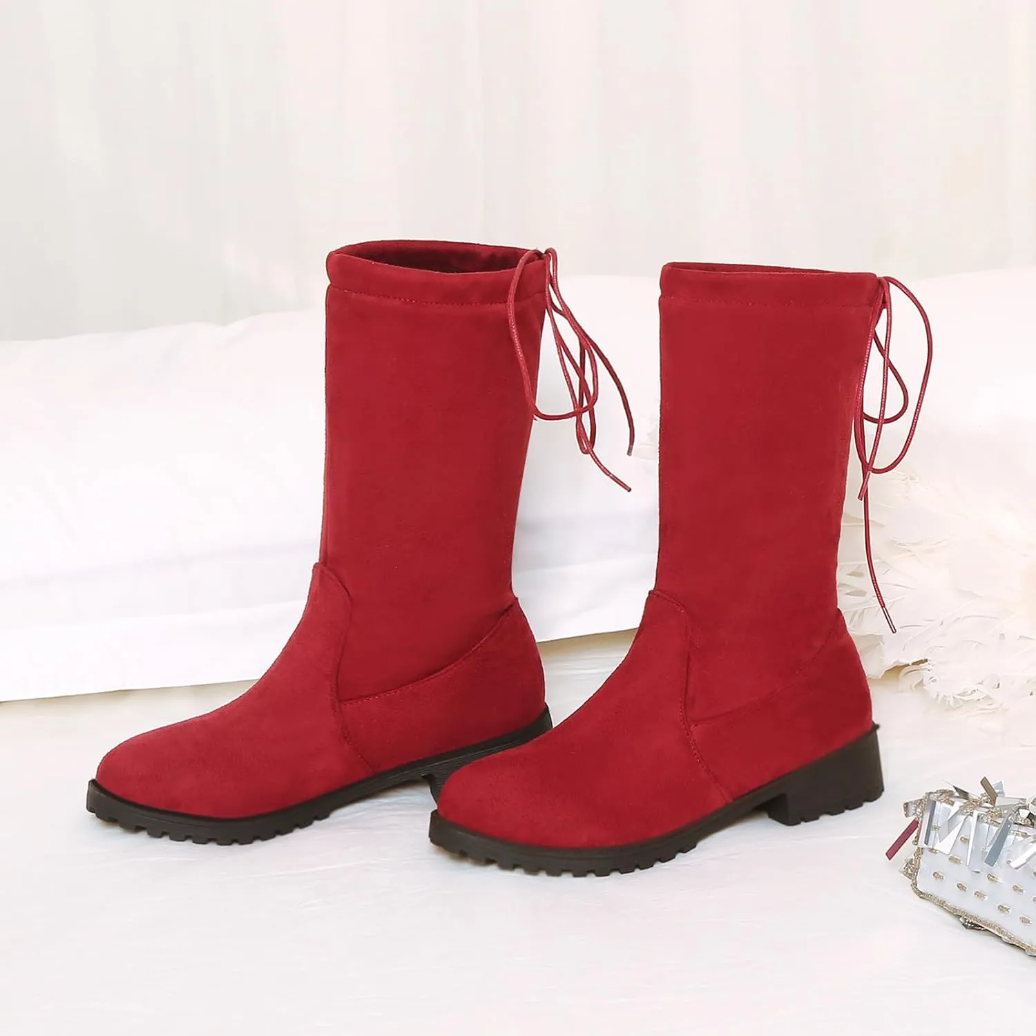 Gicoiz Women Round Toe Mid Calf Combat Boots Lace Up