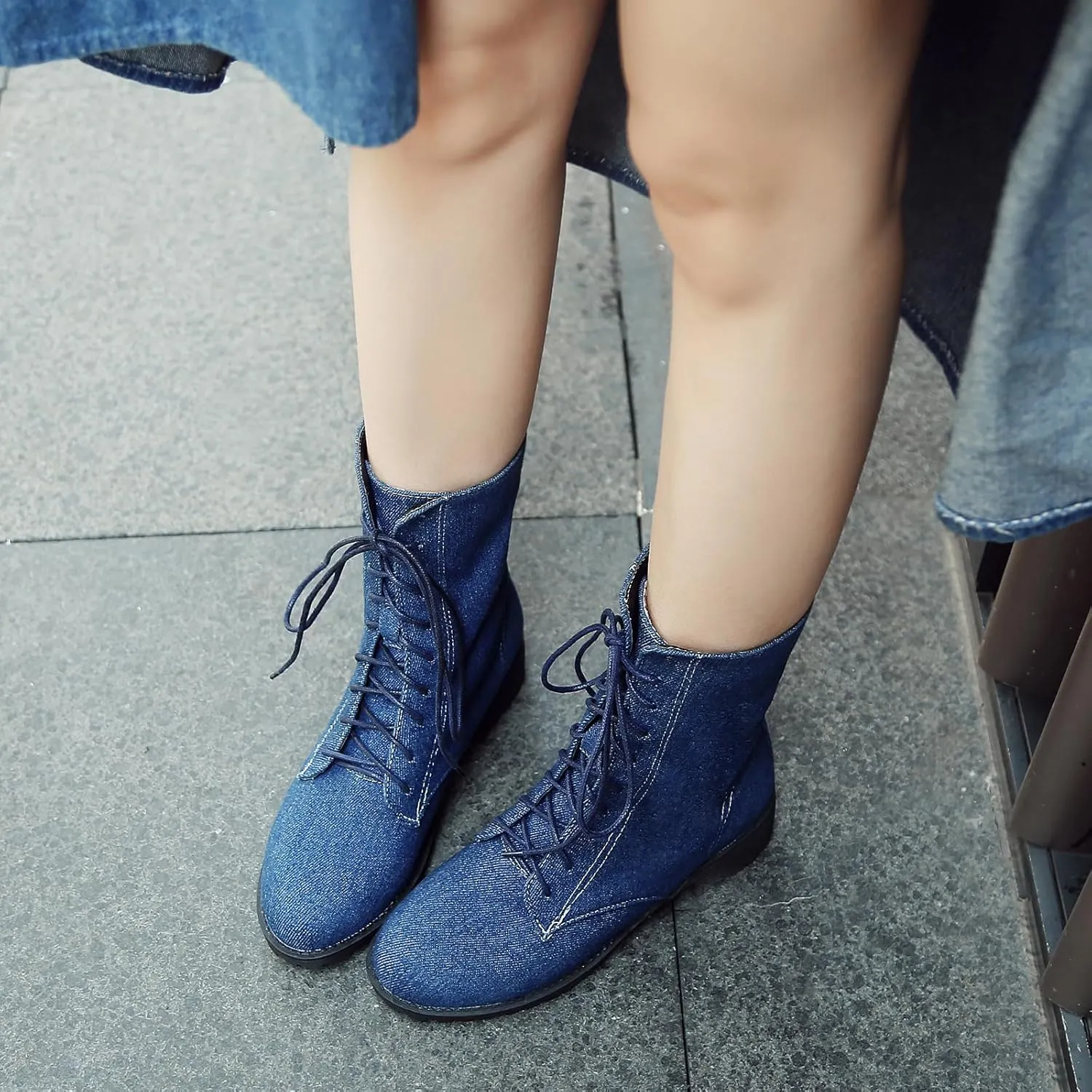 Gicoiz Women Round Toe Mid Calf Combat Boots Lace Up