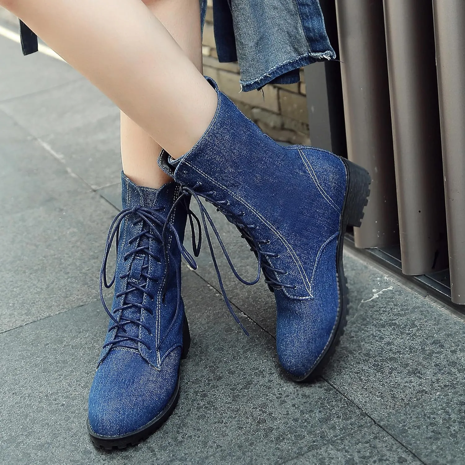 Gicoiz Women Round Toe Mid Calf Combat Boots Lace Up