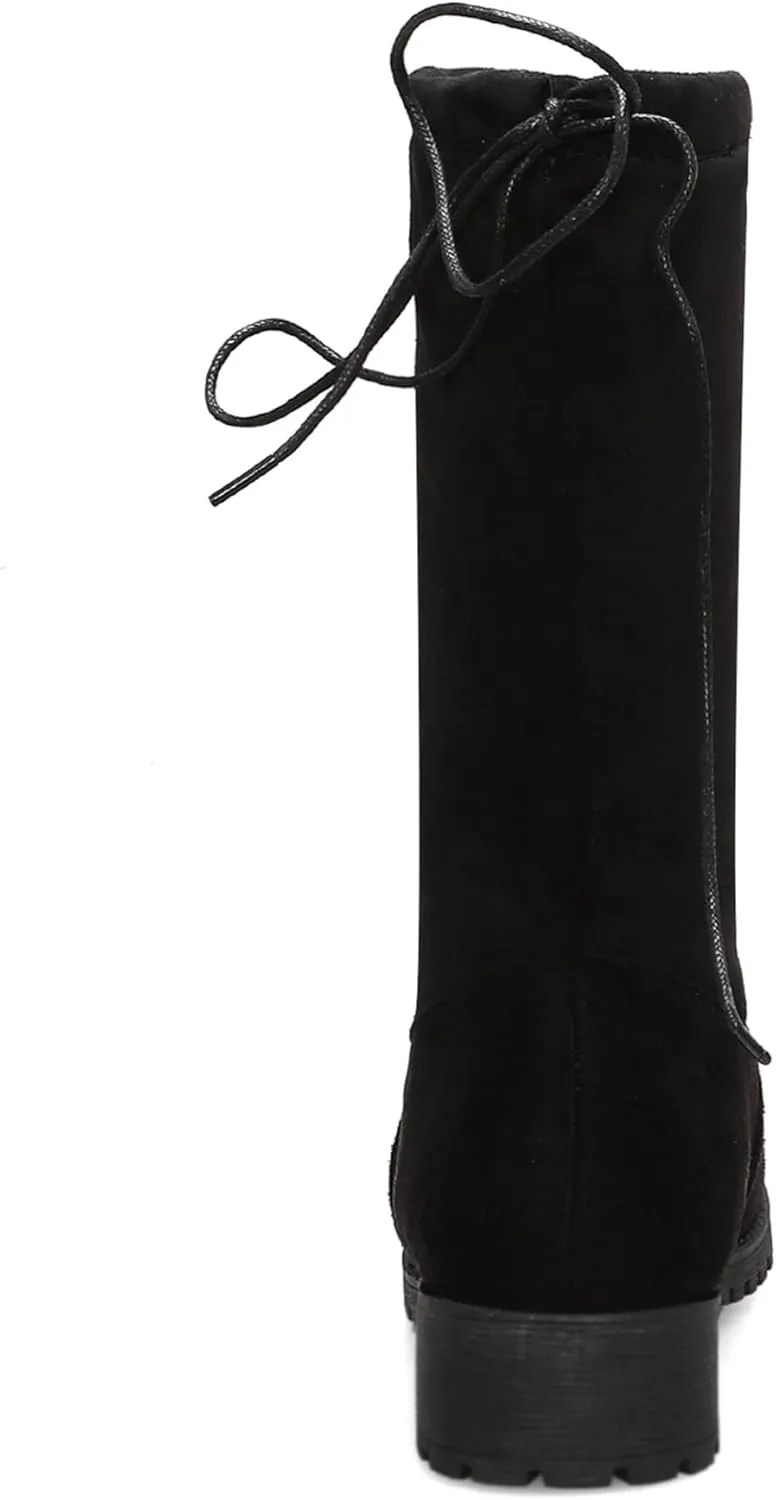 Gicoiz Women Round Toe Mid Calf Combat Boots Lace Up