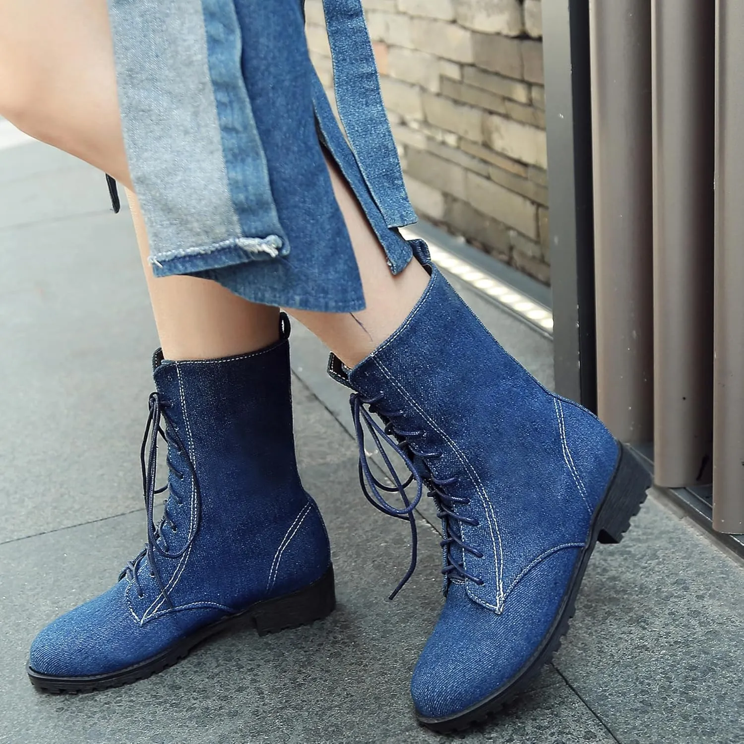 Gicoiz Women Round Toe Mid Calf Combat Boots Lace Up