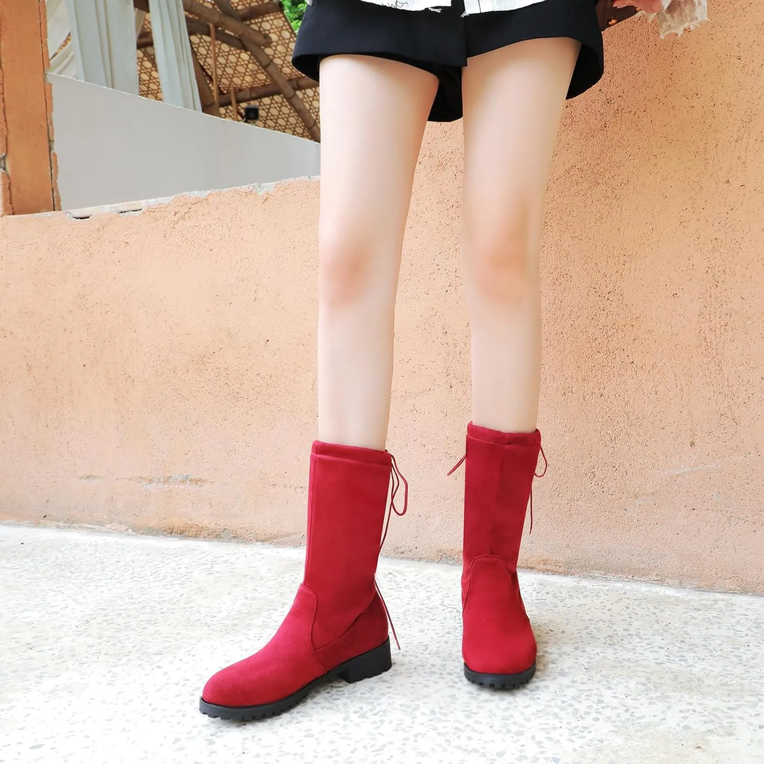 Gicoiz Women Round Toe Mid Calf Combat Boots Lace Up