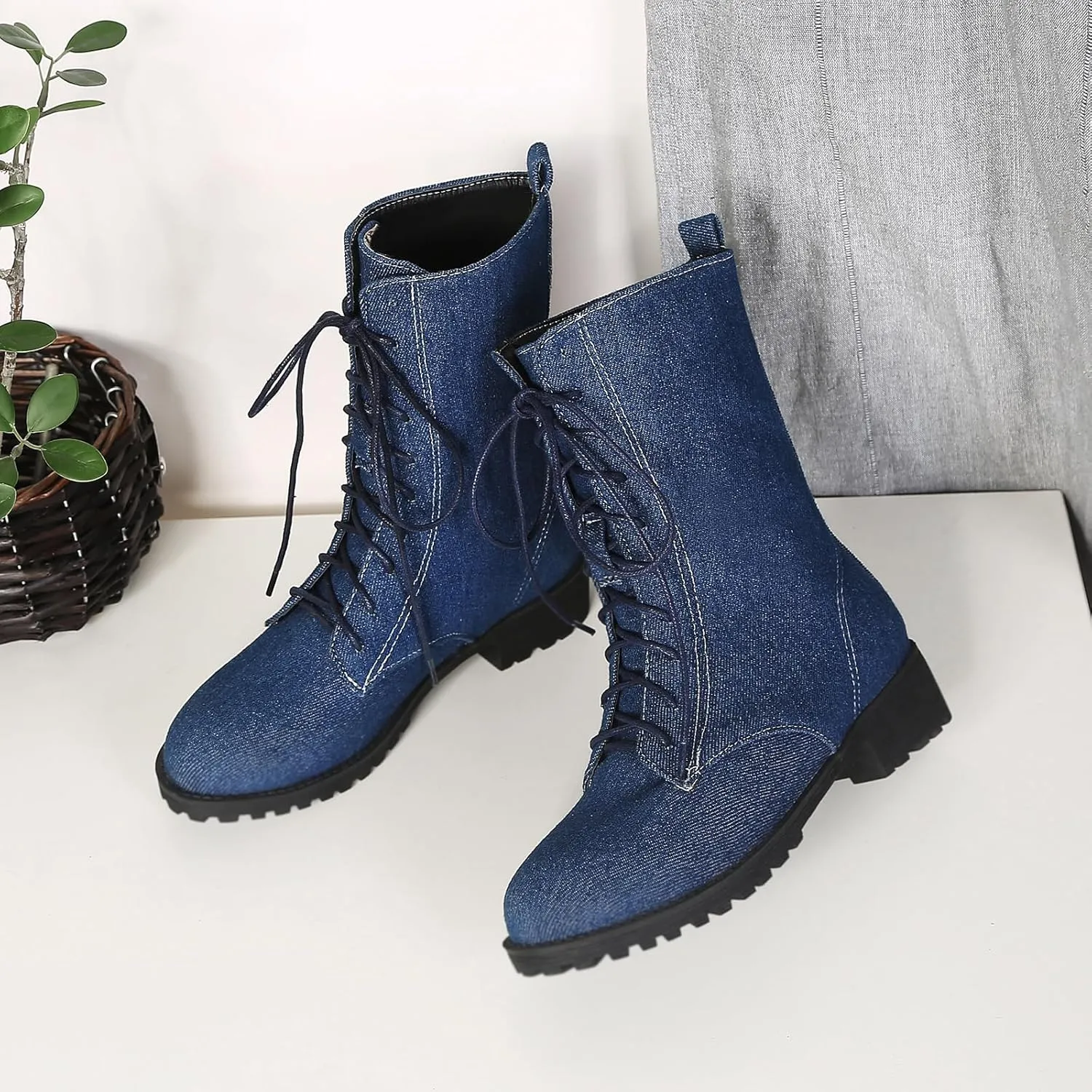 Gicoiz Women Round Toe Mid Calf Combat Boots Lace Up