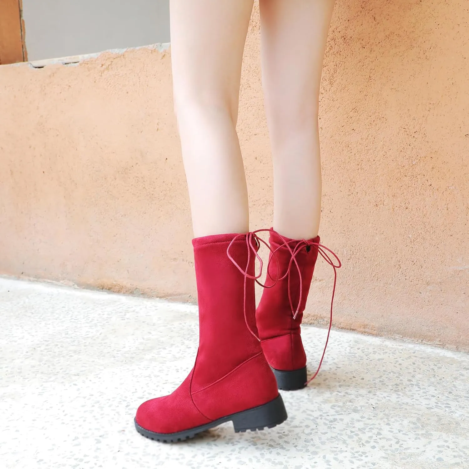 Gicoiz Women Round Toe Mid Calf Combat Boots Lace Up