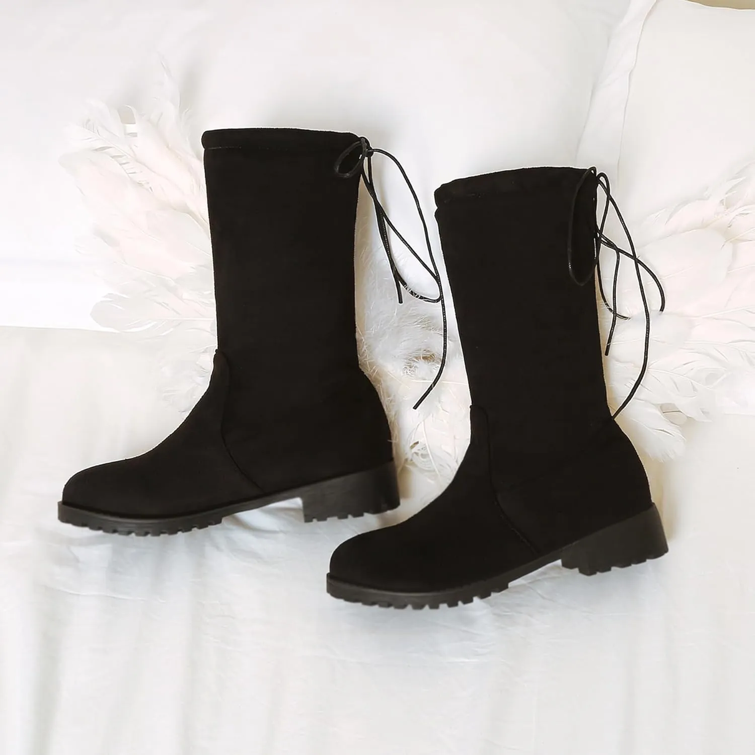 Gicoiz Women Round Toe Mid Calf Combat Boots Lace Up