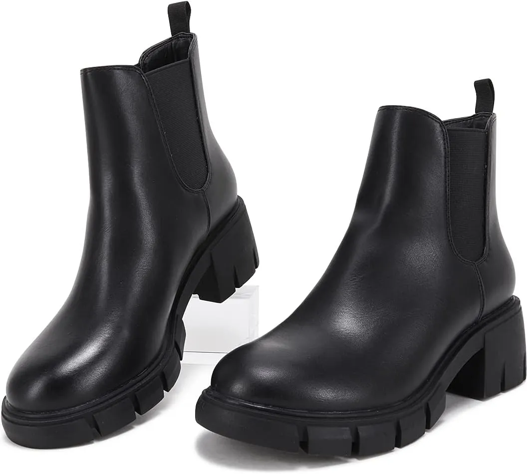 gihubafuil Women’s Chelsea Boots Fashion Platform Chunky Block Heels Slip On Combat Ankle Booties
