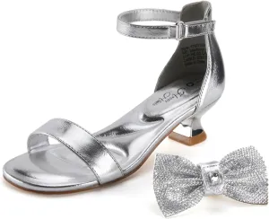 Girls Dress Shoes Sandal Heels Flower Girl Shoes with Removable Bow for Wedding Princess Party Little Big Kids White Silver Gold Pink Open-Toe Ankle Strap Dress Pumps Lightweight Comfortable Fashion