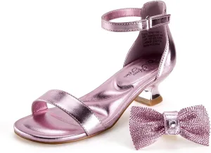 Girls Dress Shoes Sandal Heels Flower Girl Shoes with Removable Bow for Wedding Princess Party Little Big Kids White Silver Gold Pink Open-Toe Ankle Strap Dress Pumps Lightweight Comfortable Fashion