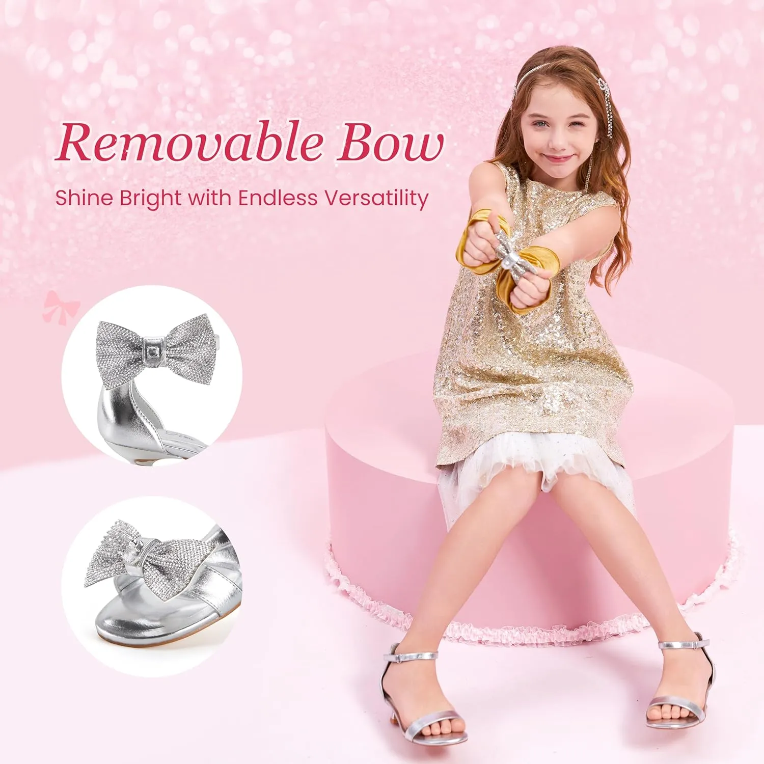 Girls Dress Shoes Sandal Heels Flower Girl Shoes with Removable Bow for Wedding Princess Party Little Big Kids White Silver Gold Pink Open-Toe Ankle Strap Dress Pumps Lightweight Comfortable Fashion