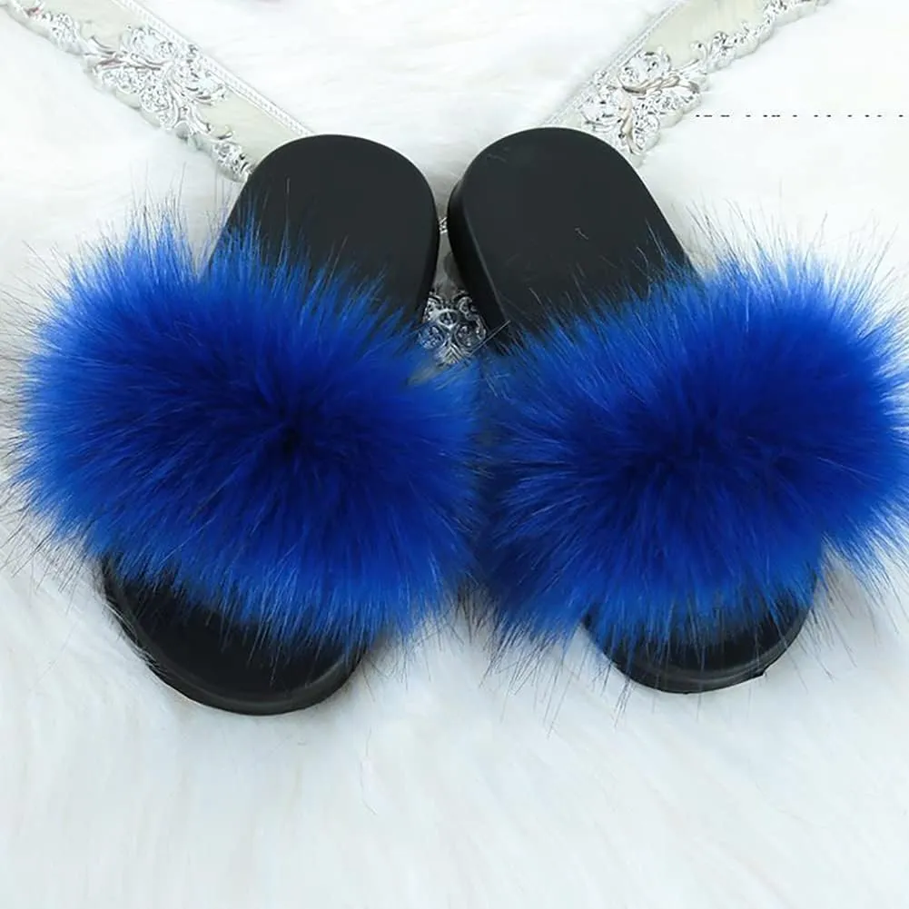 Girls Faux Fur Slippers Indoor Outdoor Furry Slides Colorful Beach Sandals Shoes