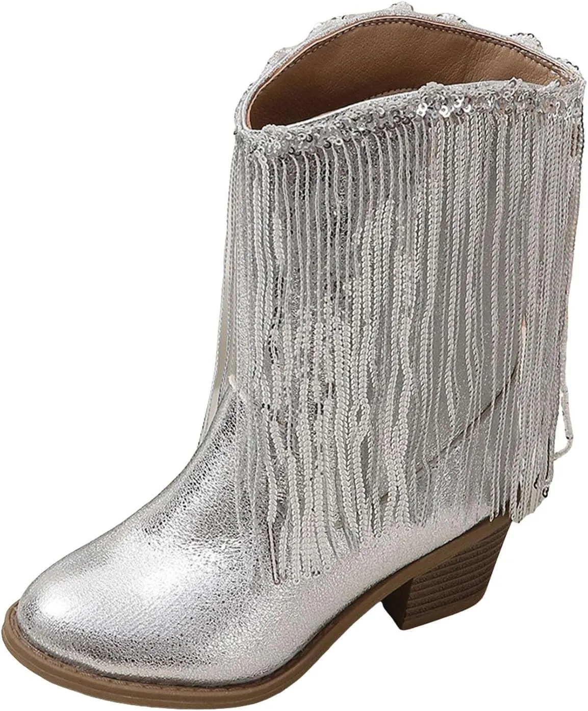 Girls Mid Calf Boots Kids Fashion Tassel Sequin Princess Boots High Heel Fall Boots Slip On Cowgirl Western Boots