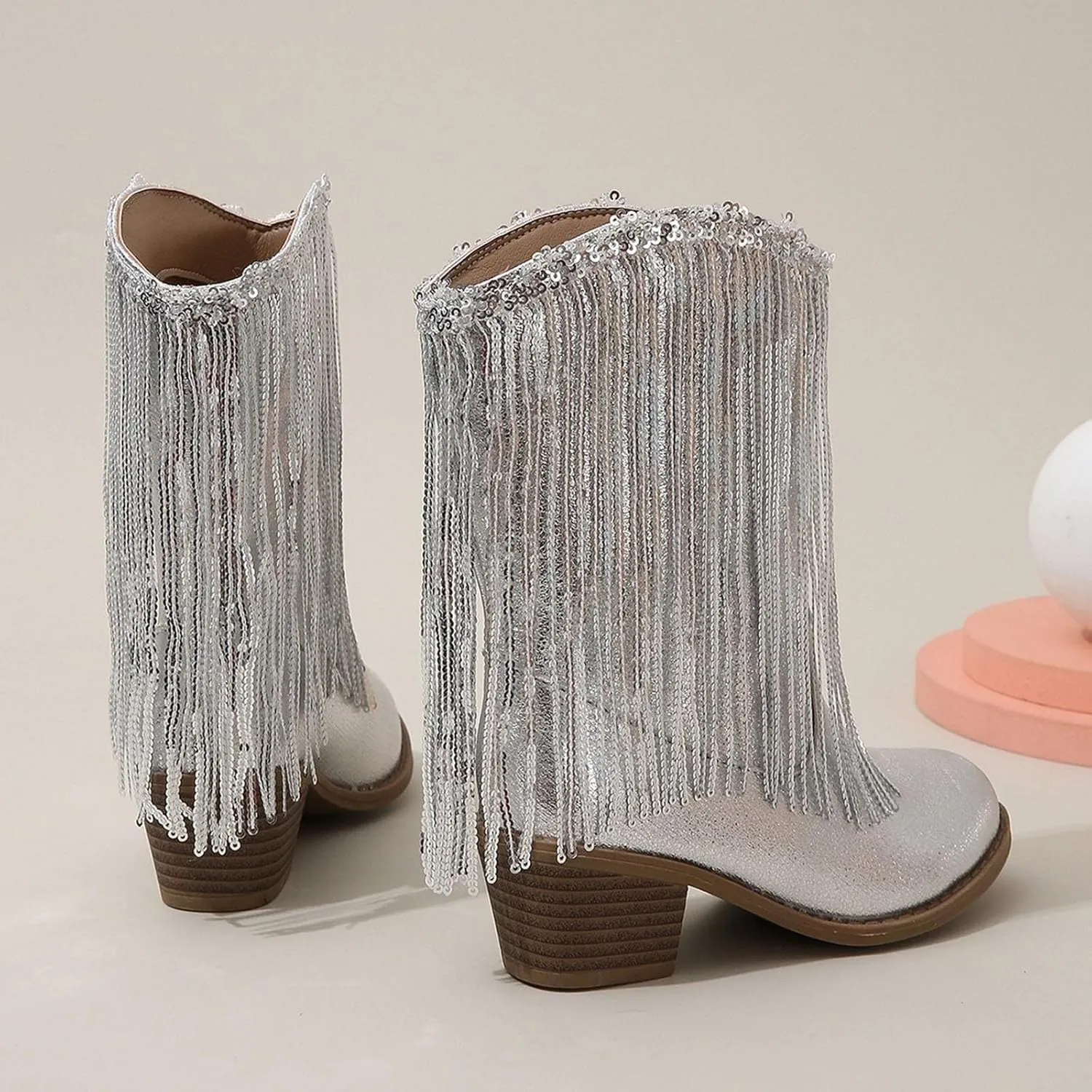 Girls Mid Calf Boots Kids Fashion Tassel Sequin Princess Boots High Heel Fall Boots Slip On Cowgirl Western Boots