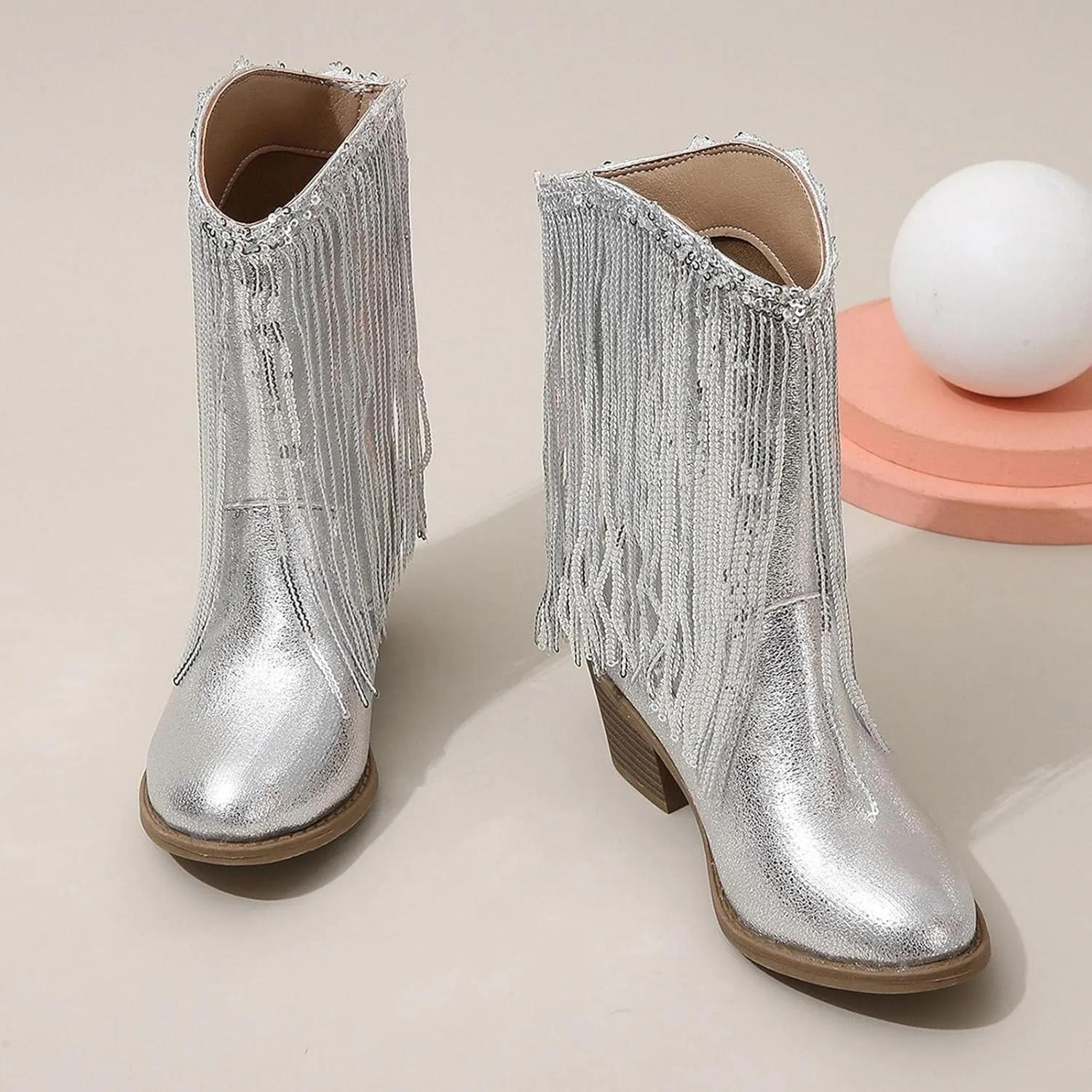 Girls Mid Calf Boots Kids Fashion Tassel Sequin Princess Boots High Heel Fall Boots Slip On Cowgirl Western Boots