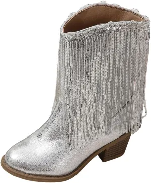 Girls Mid Calf Boots Kids Fashion Tassel Sequin Princess Boots High Heel Fall Boots Slip On Cowgirl Western Boots