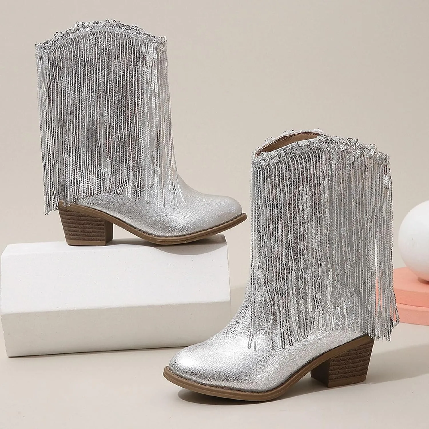 Girls Mid Calf Boots Kids Fashion Tassel Sequin Princess Boots High Heel Fall Boots Slip On Cowgirl Western Boots