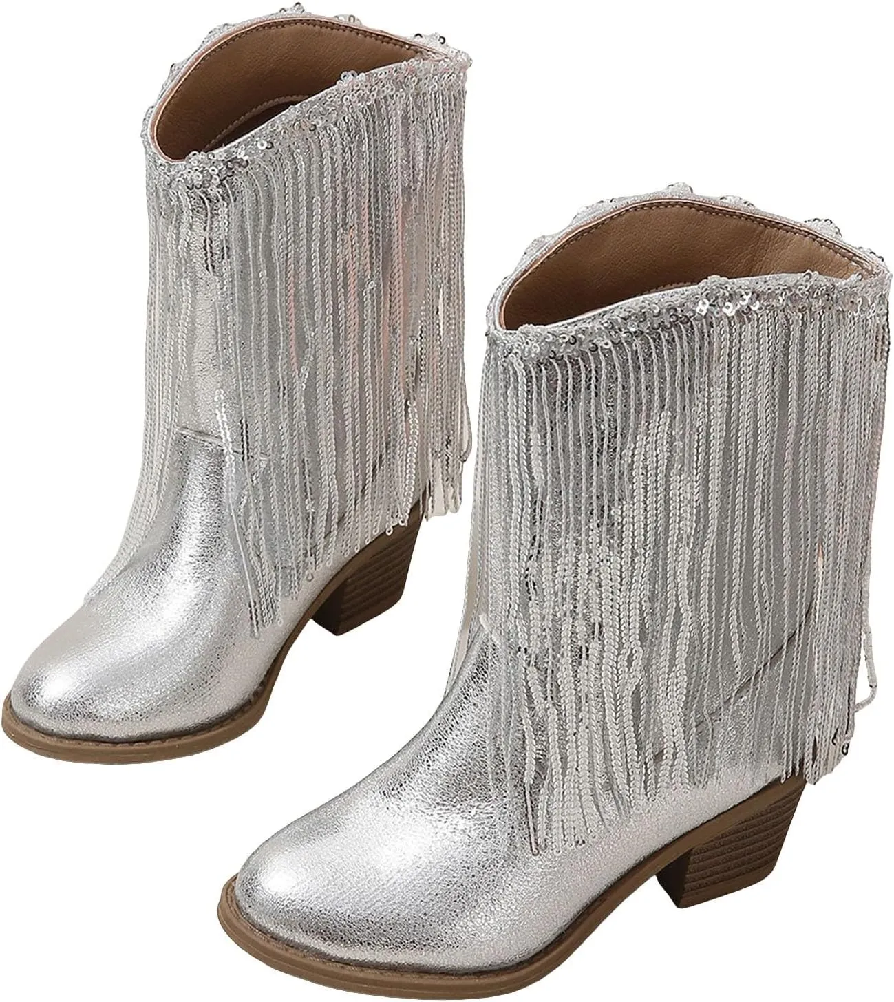 Girls Mid Calf Boots Kids Fashion Tassel Sequin Princess Boots High Heel Fall Boots Slip On Cowgirl Western Boots