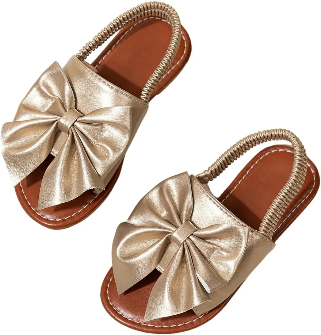 GORGLITTER Girl's Gold Bow Tie Flat Sandals Metallic Open Toe Ankle Strap Cute Slide Sandals Vacation Shoes