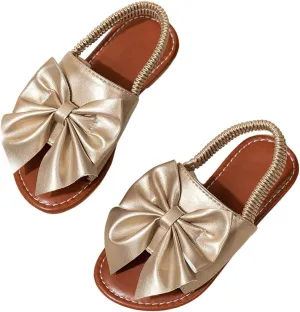 GORGLITTER Girl's Gold Bow Tie Flat Sandals Metallic Open Toe Ankle Strap Cute Slide Sandals Vacation Shoes