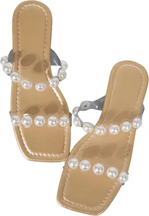 GORGLITTER Women's Pearl Clear Sandals Two Strap Summer Open Toe Slides Sandals