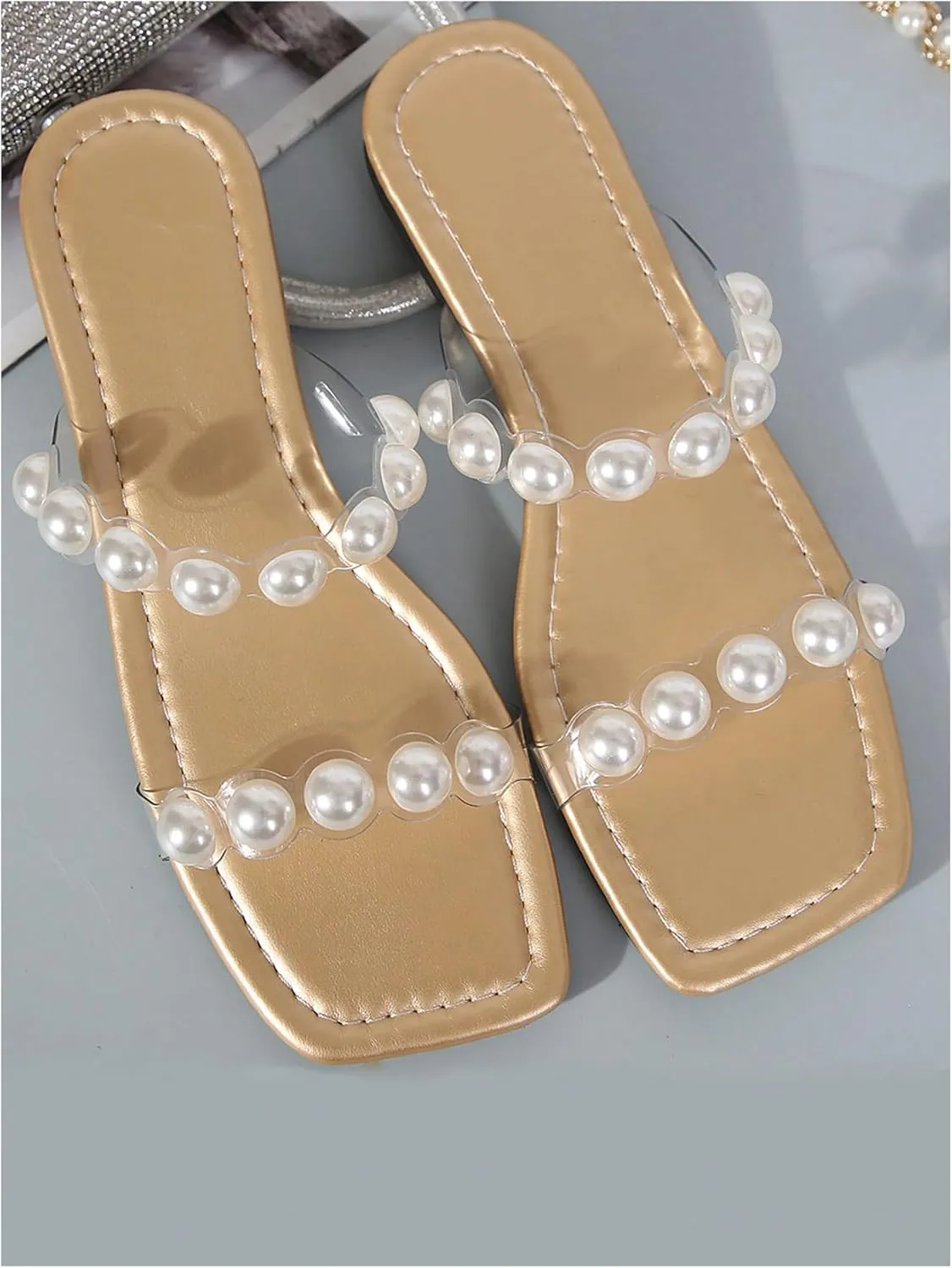 GORGLITTER Women's Pearl Clear Sandals Two Strap Summer Open Toe Slides Sandals