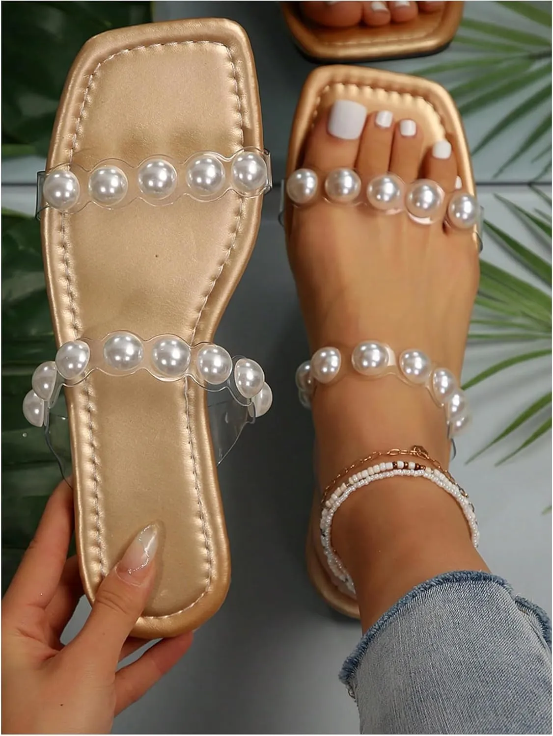 GORGLITTER Women's Pearl Clear Sandals Two Strap Summer Open Toe Slides Sandals