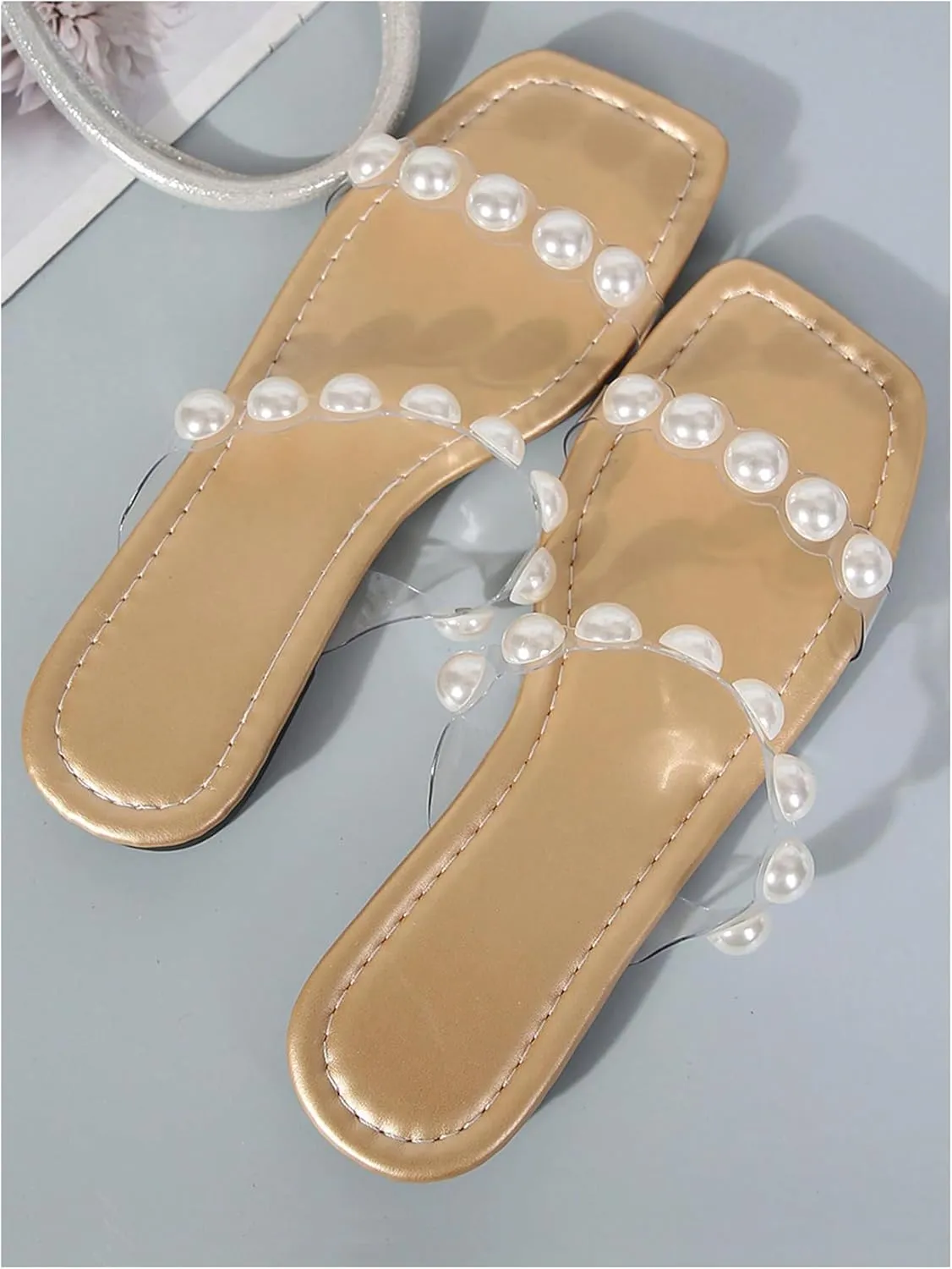 GORGLITTER Women's Pearl Clear Sandals Two Strap Summer Open Toe Slides Sandals
