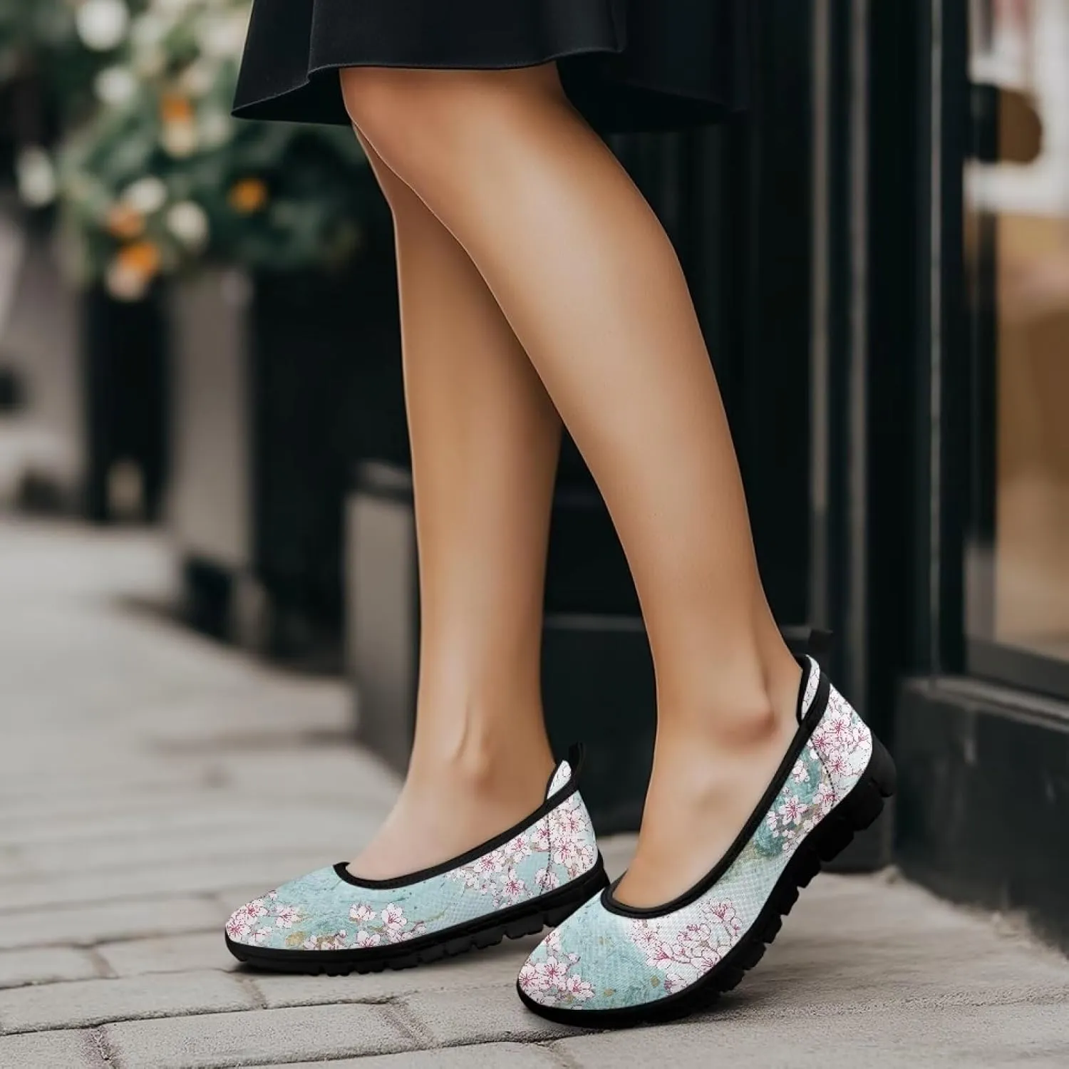 GOSTONG Women's Mesh Flats Florals Print Shoes Slip On Casual Sneakers Lightweight Comfort Memory Foam Walking Shoes Black Sole Size 6-11