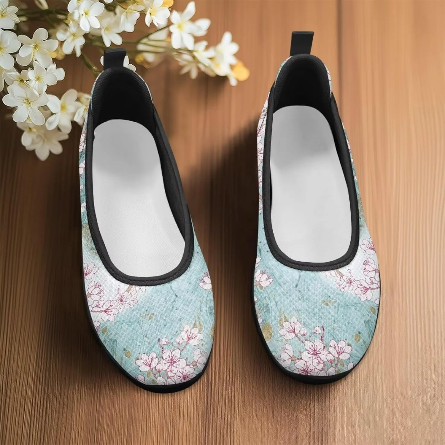 GOSTONG Women's Mesh Flats Florals Print Shoes Slip On Casual Sneakers Lightweight Comfort Memory Foam Walking Shoes Black Sole Size 6-11