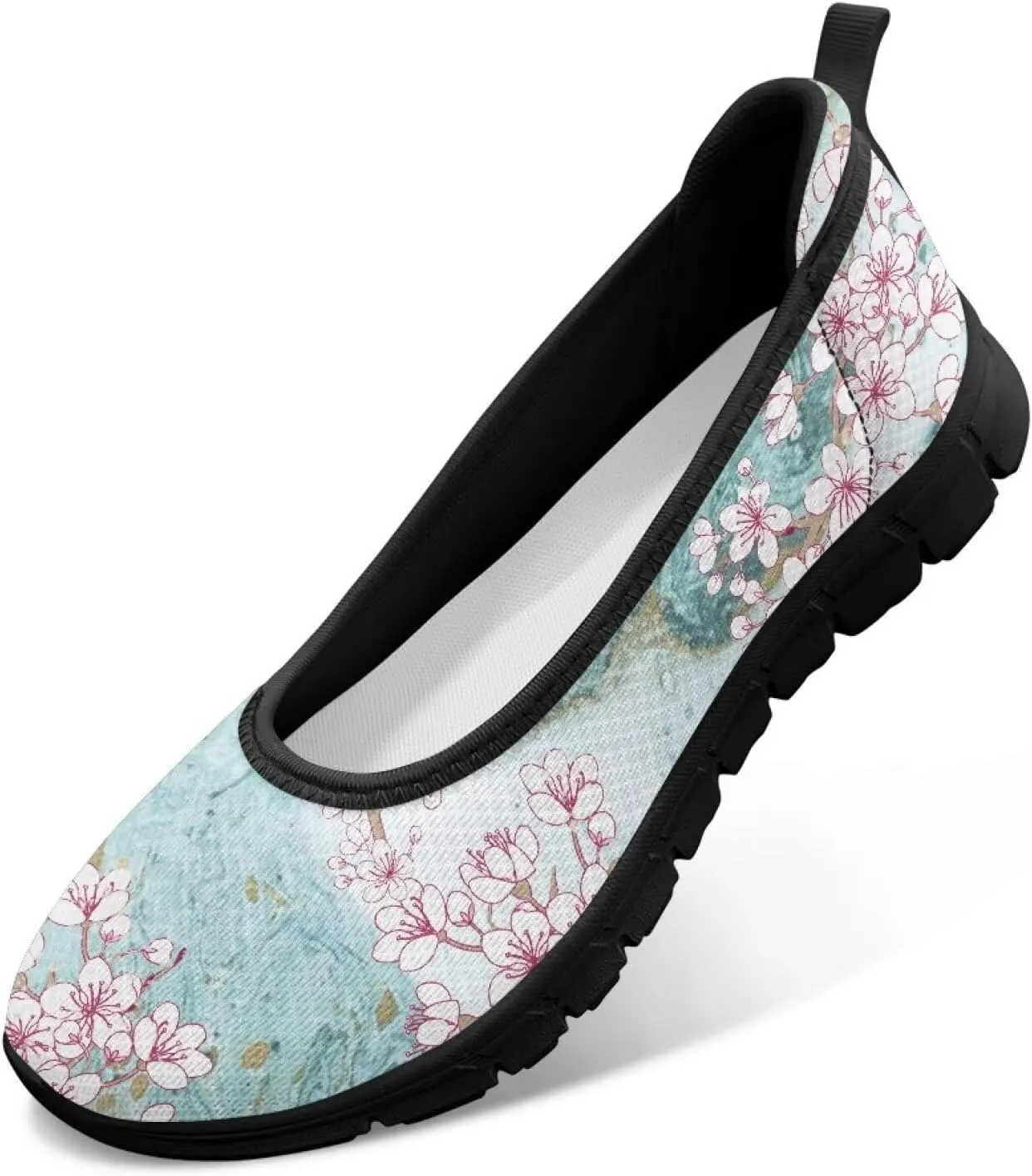 GOSTONG Women's Mesh Flats Florals Print Shoes Slip On Casual Sneakers Lightweight Comfort Memory Foam Walking Shoes Black Sole Size 6-11