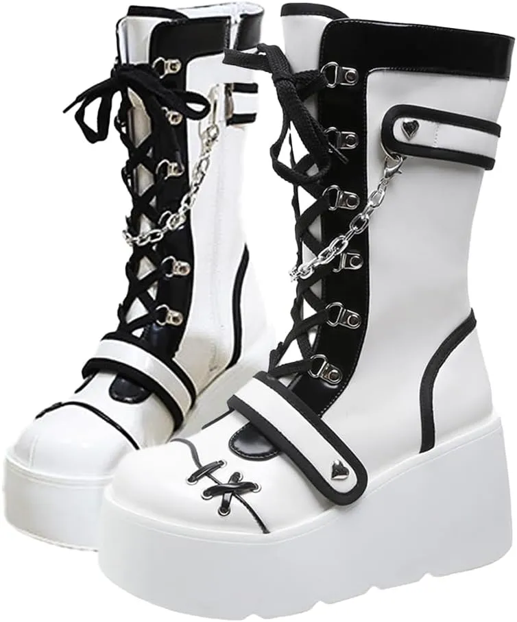 Goth Platform Buckle Boots for Women's Chunky High Heel Lace Up Punk Motorcycle Combat Boots with Chain