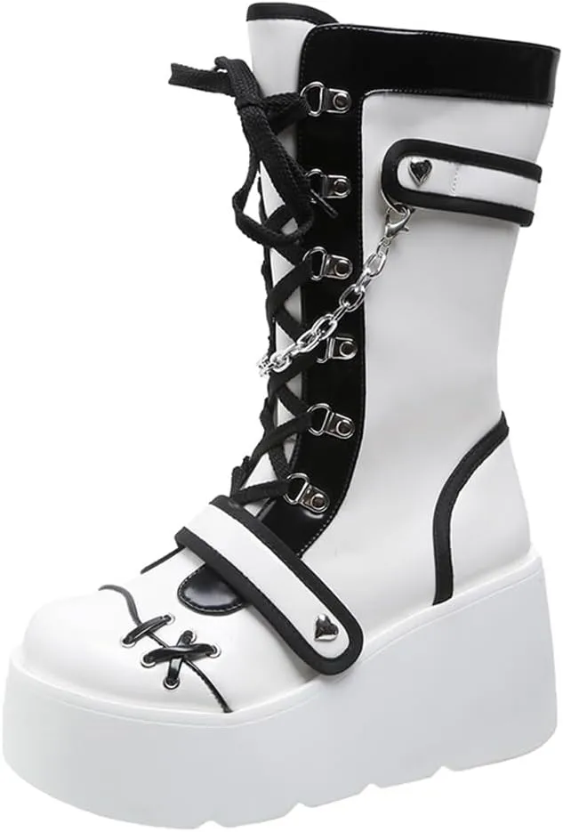 Goth Platform Buckle Boots for Women's Chunky High Heel Lace Up Punk Motorcycle Combat Boots with Chain