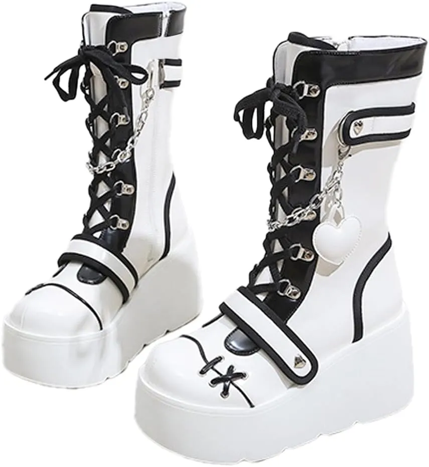 Goth Platform Buckle Boots for Women's Chunky High Heel Lace Up Punk Motorcycle Combat Boots with Chain