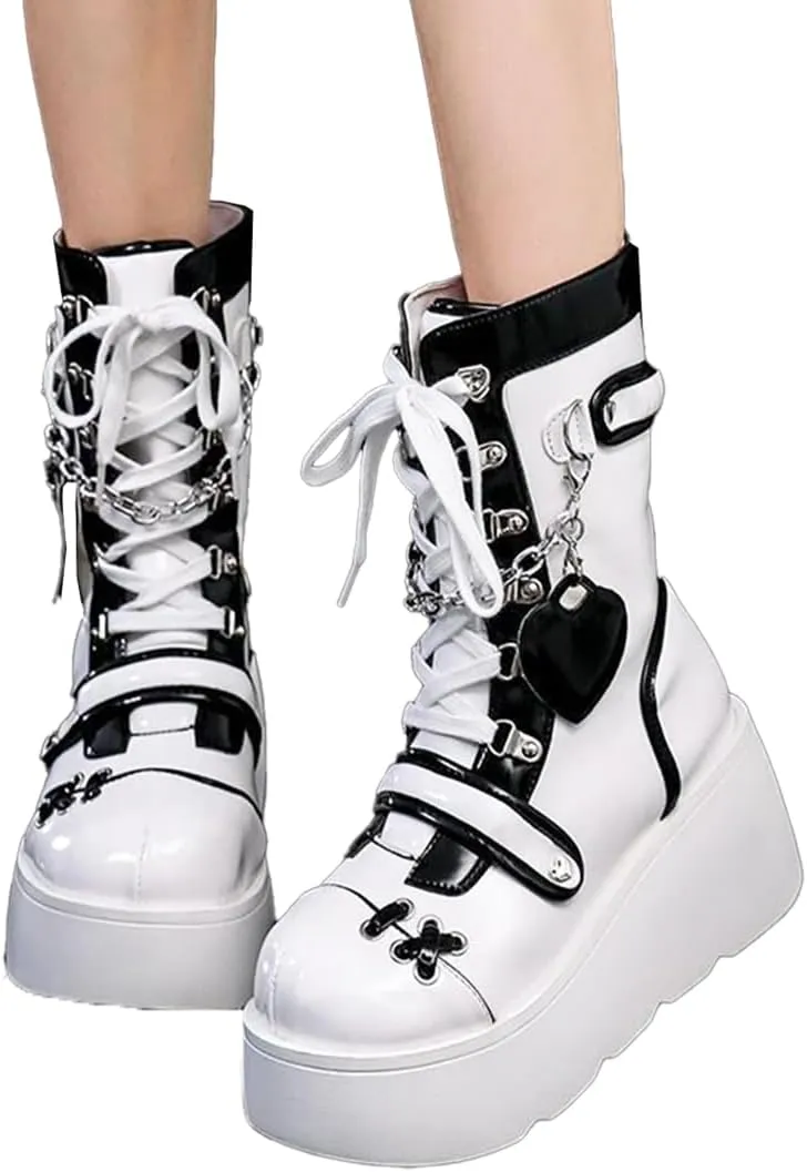 Goth Platform Buckle Boots for Women's Chunky High Heel Lace Up Punk Motorcycle Combat Boots with Chain