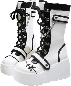 Goth Platform Buckle Boots for Women's Chunky High Heel Lace Up Punk Motorcycle Combat Boots with Chain