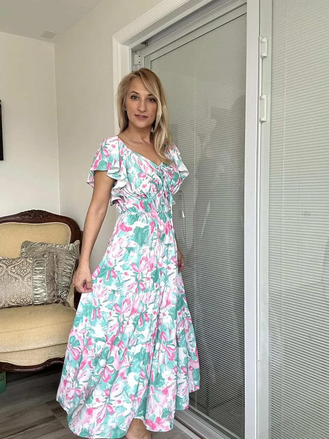 GRACE KARIN Womens 2025 Floral Summer V-Neck Ruffle Sleeve Empire Waist A-Line Casual Maxi Tiered Dress with Pockets