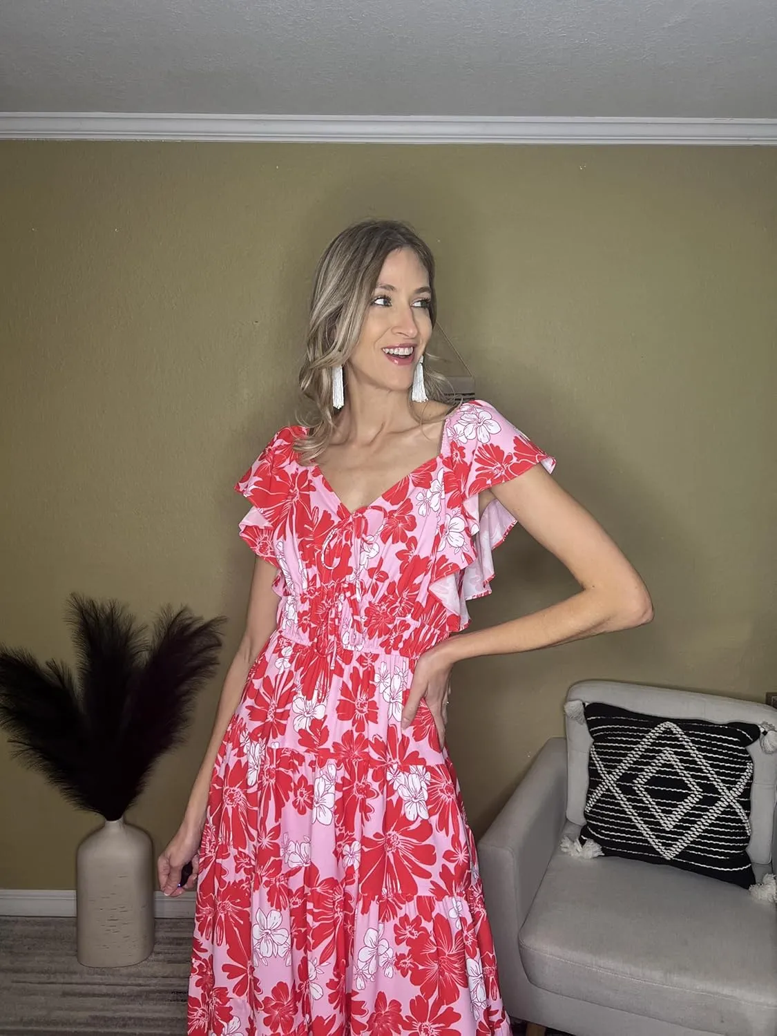 GRACE KARIN Womens 2025 Floral Summer V-Neck Ruffle Sleeve Empire Waist A-Line Casual Maxi Tiered Dress with Pockets