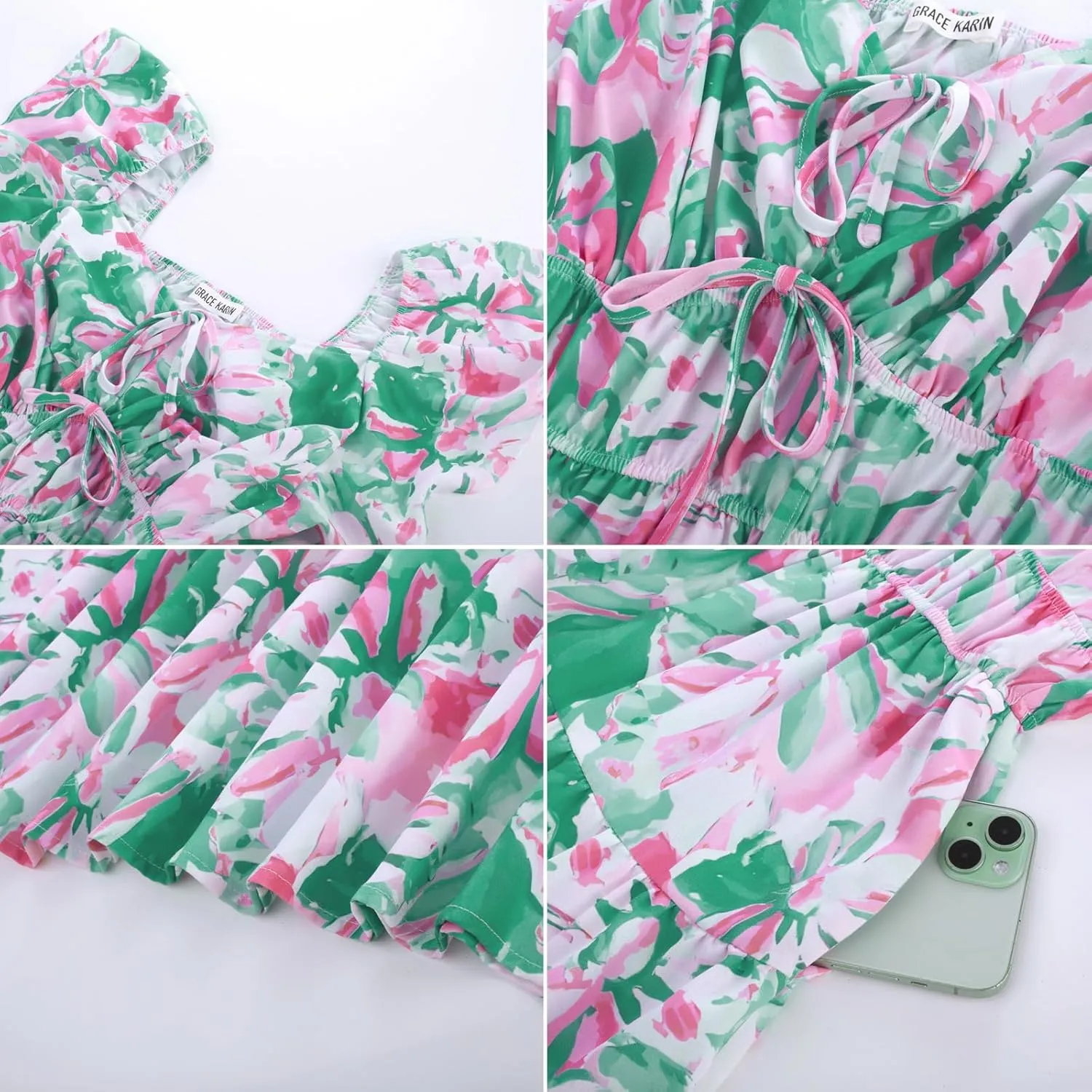GRACE KARIN Womens 2025 Floral Summer V-Neck Ruffle Sleeve Empire Waist A-Line Casual Maxi Tiered Dress with Pockets