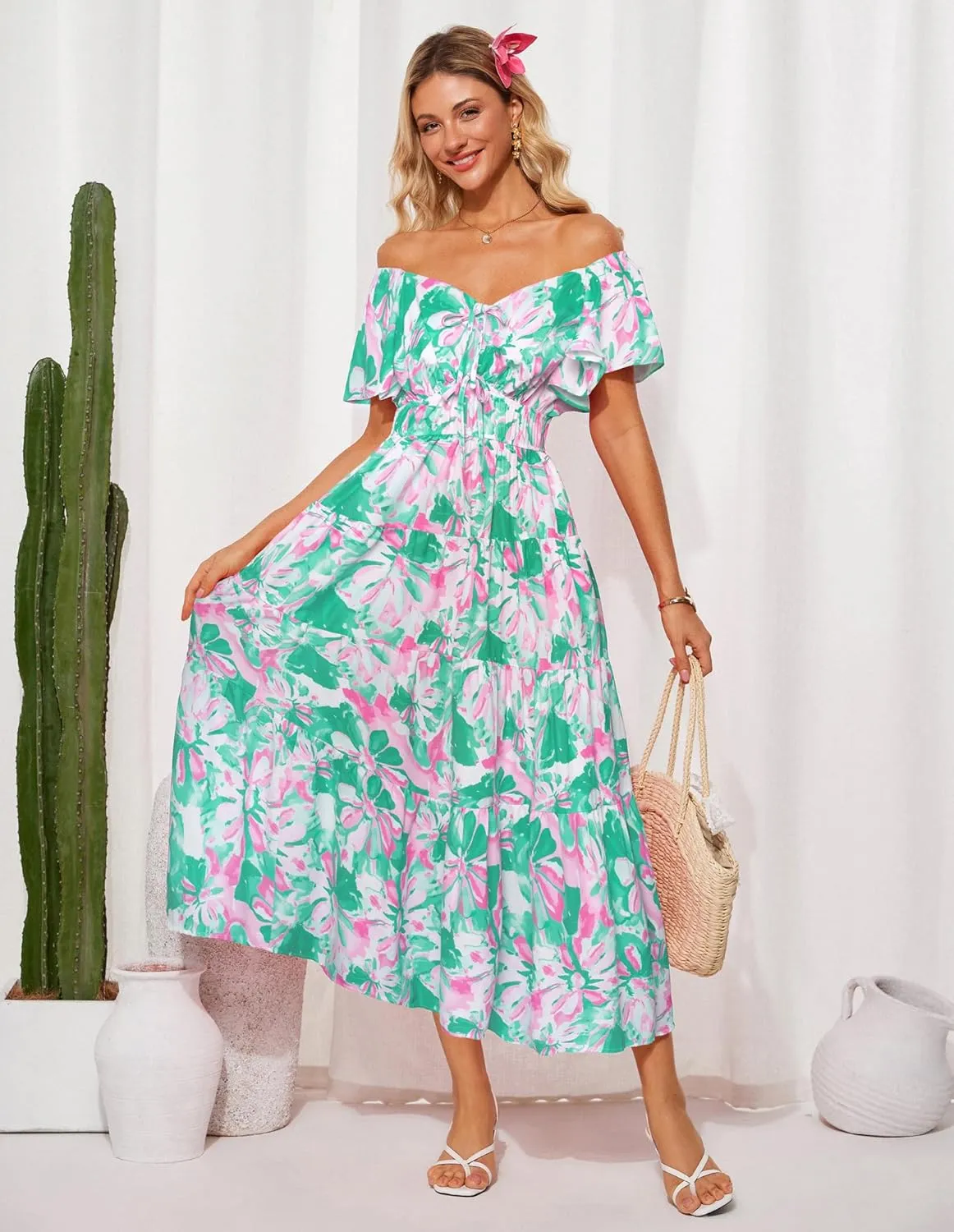 GRACE KARIN Womens 2025 Floral Summer V-Neck Ruffle Sleeve Empire Waist A-Line Casual Maxi Tiered Dress with Pockets