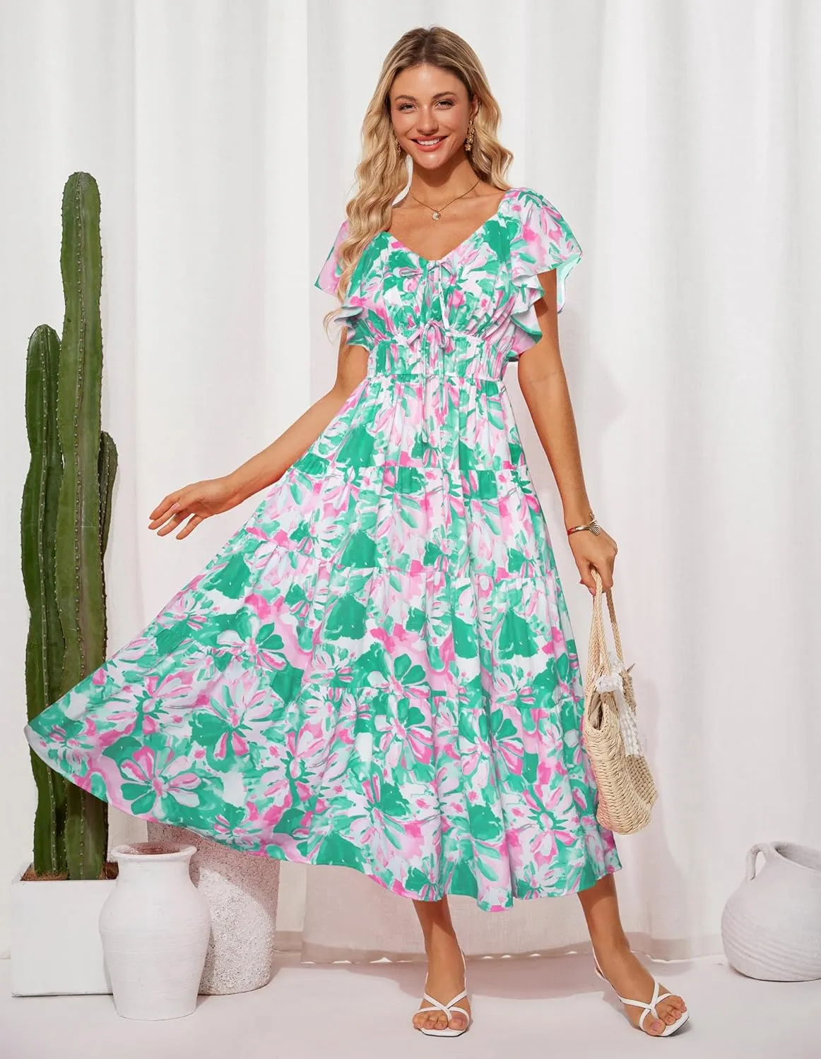 GRACE KARIN Womens 2025 Floral Summer V-Neck Ruffle Sleeve Empire Waist A-Line Casual Maxi Tiered Dress with Pockets