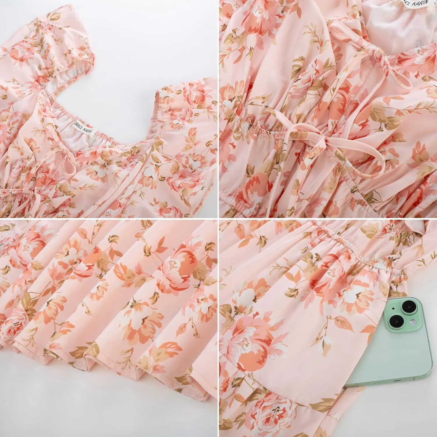 GRACE KARIN Womens 2025 Floral Summer V-Neck Ruffle Sleeve Empire Waist A-Line Casual Maxi Tiered Dress with Pockets