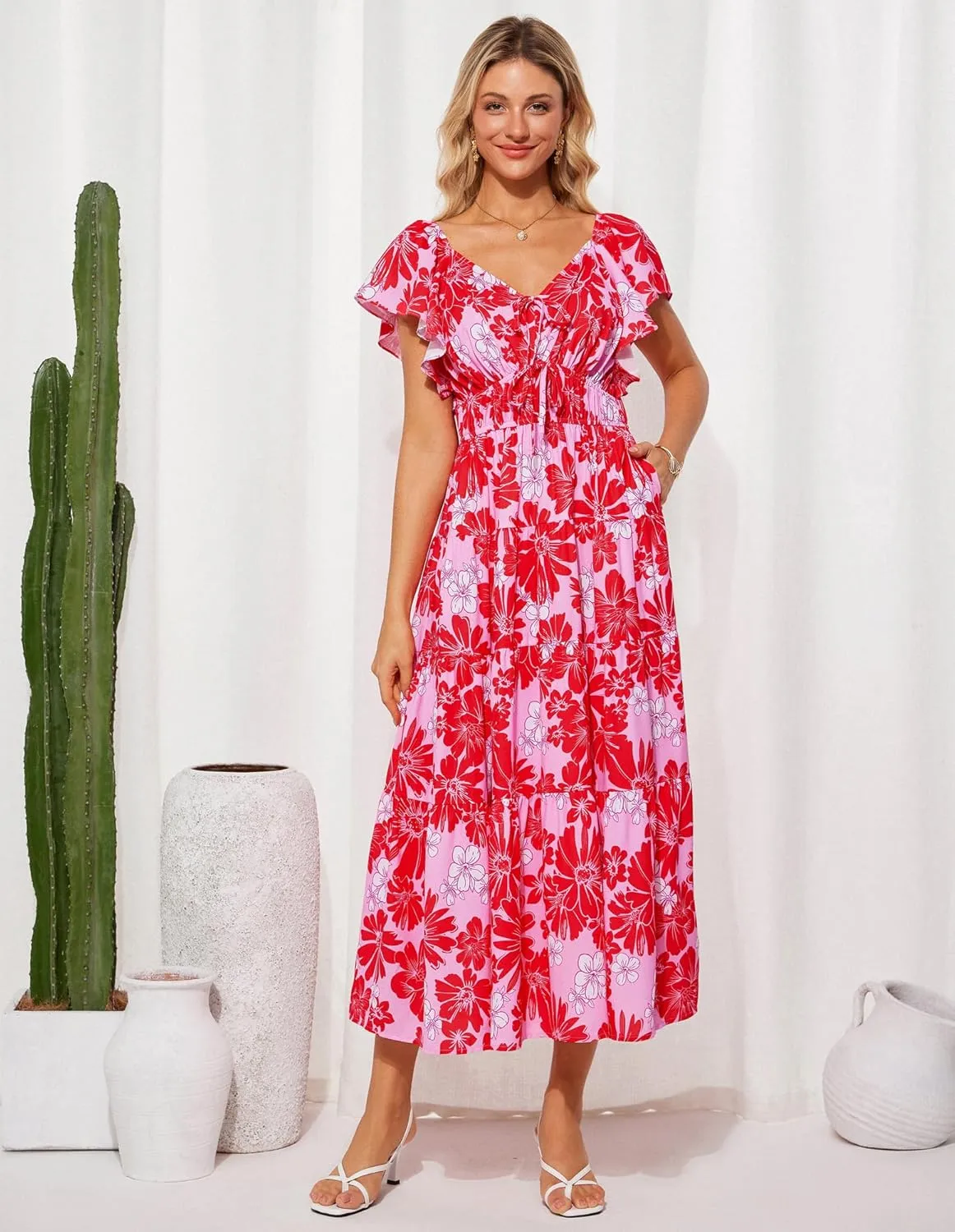 GRACE KARIN Womens 2025 Floral Summer V-Neck Ruffle Sleeve Empire Waist A-Line Casual Maxi Tiered Dress with Pockets