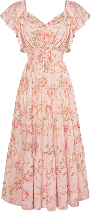 GRACE KARIN Womens 2025 Floral Summer V-Neck Ruffle Sleeve Empire Waist A-Line Casual Maxi Tiered Dress with Pockets