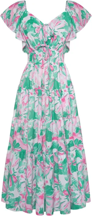 GRACE KARIN Womens 2025 Floral Summer V-Neck Ruffle Sleeve Empire Waist A-Line Casual Maxi Tiered Dress with Pockets