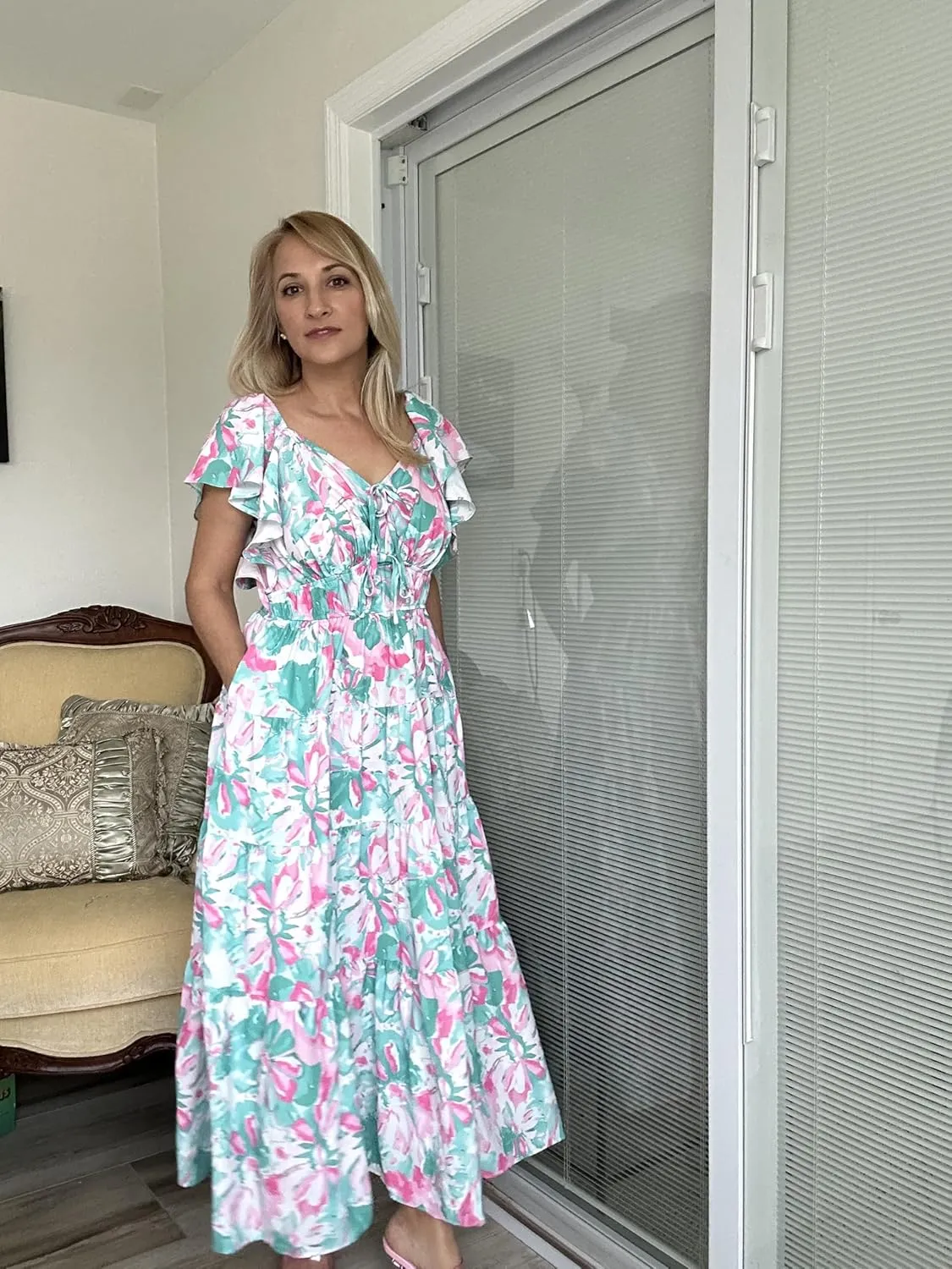 GRACE KARIN Womens 2025 Floral Summer V-Neck Ruffle Sleeve Empire Waist A-Line Casual Maxi Tiered Dress with Pockets
